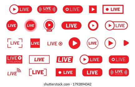 Live stream icon set. Red streaming or online broadcast symbol collection for social media video blog