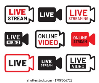 Live stream icon set. Video camera signs. Camcorder with text Live Stream, Online Video etc