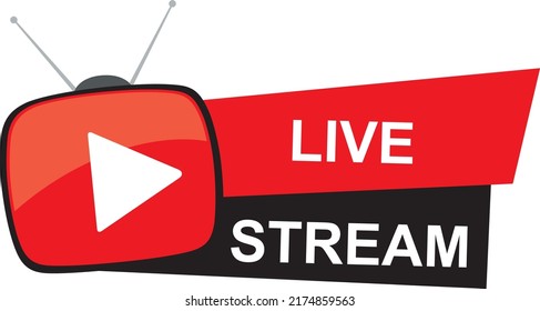 Live Stream icon. Live streaming sign with play button. Live broadcast button for blog, player, broadcast, website, online radio, media labels. Live streaming element