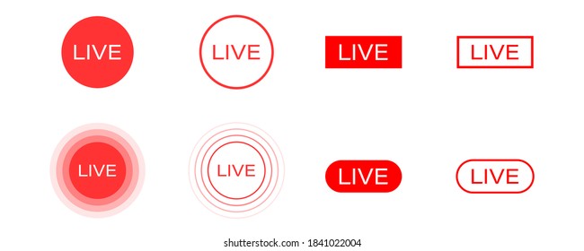 Live stream icons set. Isolated broadcast symbol on white background. Stream symbol in red. Online video template in circle and square shape. Bold and outline style. On air sign. Vector EPS 10