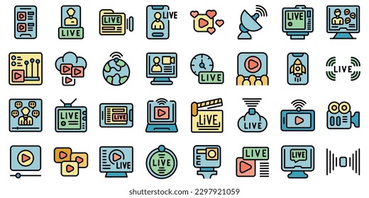 Live stream icons set outline vector. Air music. Tv now thin line color on white