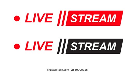 Live Stream icons Set. Rectangle Red symbols and buttons of Live Streaming, broadcasting online stream. Lower third template for tv, shows, movies and live performances. Vector design element