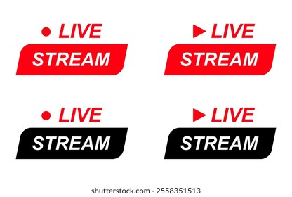 Live Stream icons Set. Rounded Rectangle Red symbols and buttons of Live Streaming, broadcasting online stream. Lower third template for tv, shows, movies and live performances. Vector design element