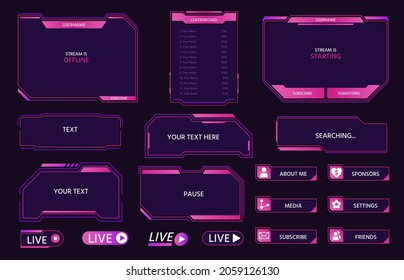 Live stream interface overlay frames for gamer broadcast. Cyber hud screen, panels, buttons and icons design for game streaming vector set. Technological dashboard with windows and place for text