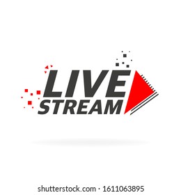 Live stream logo - red vector design element with play button for news and TV or online broadcasting.