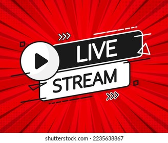 Live stream logo - red vector design element with play button for news and TV or online broadcasting