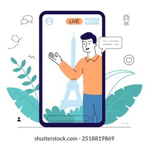 Live stream man. Young guy on smartphone screen with Eiffel Tower. Travel and vacation in Paris. Holidays in France. Travel blogger. Linear vector illustration isolated on white background