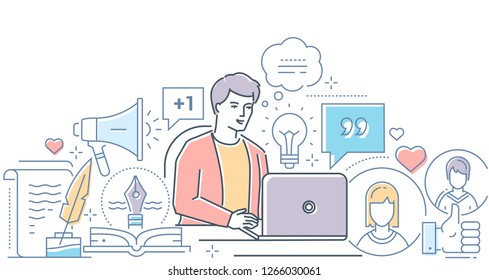 Live stream - modern line design style illustration on white background. Colorful composition with young man, blogger broadcasting, working at the laptop, images of lightbulb, megaphone, like buttons