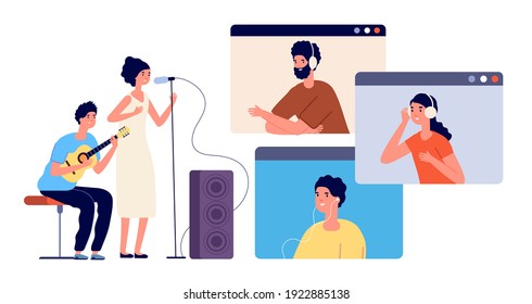 Live Stream. Music Streaming, Online Event Or Musical Blogger. Modern Video Party Entertainment, Dj Singer And Audience On Screen Utter Vector Concept