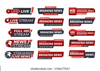 Live Stream News Banners Collection. Breaking News Banners, Labels, Stickers Pack.