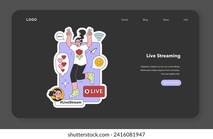 Live stream night or dark mode web banner or landing page. Blogger on social media live. Online video clip or short video. Entertaining and engaging content. Flat vector illustration