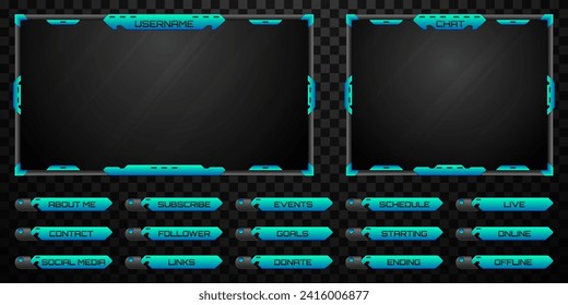 Live Stream Overlay Futuristic Black and Neon Blue Border Webcam Screen Frame and Stream Alert GUI Panels for Gaming and Video Streaming Platforms