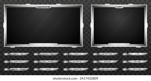 Live Stream Overlay Metallic Silver Border Webcam Screen Frame and Stream Alert GUI Panels for Gaming and Video Streaming Platforms