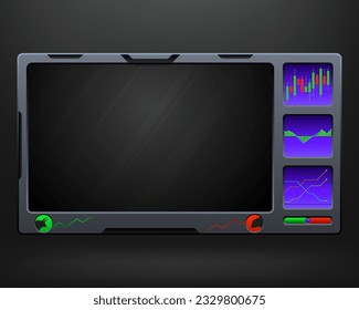 Live stream overlay for stock market or cryptocurrency trading video broadcasts with candlestick chat panel, bull and bear market alerts, statistics chart panels and essential trading setup elements