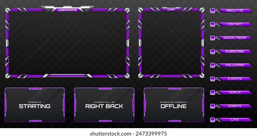 Video Pantalla de superposición de transmisión en vivo con marco de cámara web y paneles GUI de alerta de transmisión con colores púrpura y plateado para juegos y