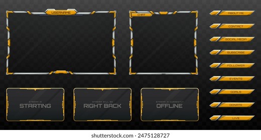 Live Stream Overlay Webcam Screen Frame and Stream Alert GUI Panels with Yellow and Silver Colored for Gaming and Video Streaming Platforms