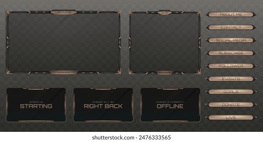 Live Stream Overlay Webcam Screen Frame and Stream Alert GUI Panels with Metallic Black and Brown Colored for Gaming and Video Streaming Platforms