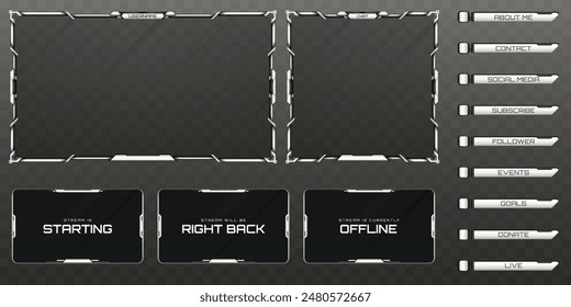 Live Stream Overlay Webcam Screen Frame und Stream Alert GUI Panels mit Silber und Schwarz für Gaming- und Video-Streaming-Plattformen