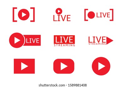 Live stream. Play buttons, Live streaming label icon set, online broadcasting signs