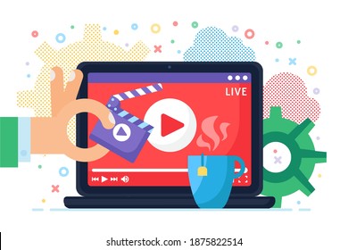 Live stream producing concept icon. Online broadcast on computer idea semi flat illustration. Hand with clapperboard and mug. Modern cover design. Vector isolated color drawing