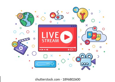 Live stream producing tools concept icon. Social media idea semi flat illustration. Online broadcast symbols. Modern cover design. Vector isolated color drawing