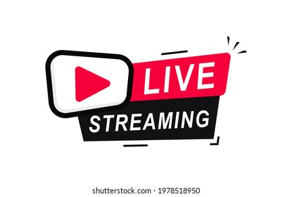 Live Stream sign. Live broadcast button for blog, player, broadcast, website, online radio, media labels. Live streaming element for broadcasting or online tv stream. Live stream icon with play button