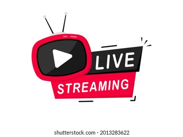 Live Stream sign. Live broadcast button for blog, player, broadcast, website, online radio, media labels. Live streaming element for broadcasting or online tv stream. Live stream icon with play button