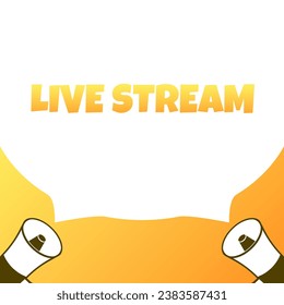 Signo de transmisión en vivo. Plano, amarillo, texto de un megáfono, señal de flujo en vivo. Icono de vector