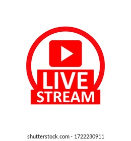 Live Stream sign. Red symbol, button of live streaming, broadcasting, online stream emblem. For tv, shows and social media live performances
