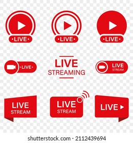 Live Stream Sign Set on Transparent Background. Red Symbol of Online News, Show, Channel Television. Online Broadcast Pictogram. Live Stream Icon. Isolated Vector Illustration.