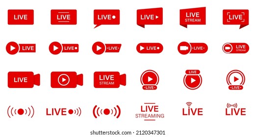 Live Stream Sign Set. Online News, Show, Channel Television. Live Stream Line Icon. Online Broadcast Buttons Pictogram. Red Symbol of Livestream. Isolated Vector Illustration.