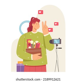 Live stream in social media blog of beauty blogger. Cartoon girl holding box with makeup products, recording tutorials for audience flat vector illustration. Online review, influence, content concept