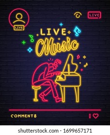 Live Stream Social Media Story Neon Light Glowing Vector Illustration.
The User Started a Live streaming. Live Music on Social Media Neon Light Glowing