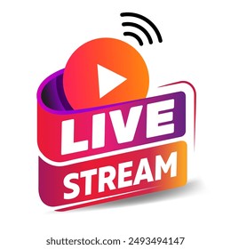 Live stream sticker. Live streaming, video, news symbol on white background. Social media template. Broadcasting, online stream. Play button. Social network sign. Vector illustration.