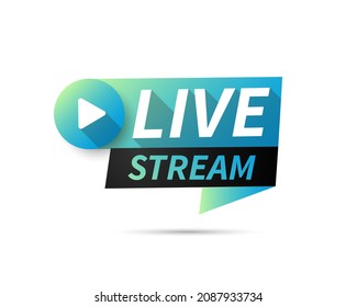 Live stream symbol, icon with play button. Emblem for broadcasting, news and radio streaming. Template for shows, movies and live performances. Vector illustration.
