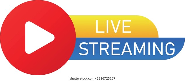 Símbolo de flujo activo, icono con botón de reproducción. Emblema para la difusión, la televisión en línea, el deporte, las noticias y la transmisión de radio. .Badge, Emblem para la transmisión o transmisión de televisión en línea.