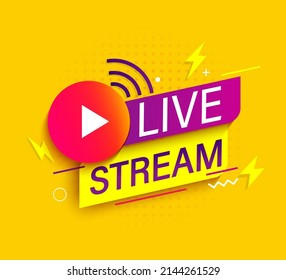 Live stream symbol,banner with play button and wifi.Emblem for broadcasting, online tv, sport, news and radio streaming.Template for shows, movies and live performances.Vector illustration.