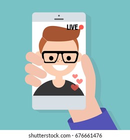 Live stream. Live translation on a smartphone screen / flat editable vector illustration, clip art