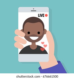 Live stream. Live translation on a smartphone screen / flat editable vector illustration, clip art