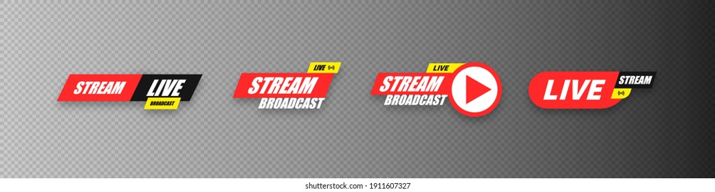 Live stream vector broadcasting sticker collection. Broadcast streaming vlog cyberspace concept stickers isolated illustration.