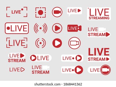 Live stream Vector tv news banner interface, news label icon, live news, breaking news, full Hd, ultra HD, dramatization. Red live streaming set of media labels. Video broadcast online sign