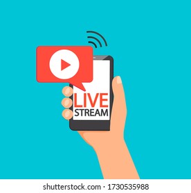 Live stream via mobile phone. Hand with smatphone with broadcasting, online tv, sport, news and radio streaming. Template for infographics, presentation or advertising. Vector illustration.