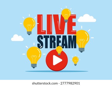 Live stream with video play button with new lightbulbs. Vision to discover new solution or idea, searching for success concept. Flat vector illustration