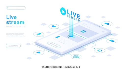 Live stream white banner. Smartphone with video. Modern technologies and digital world. Interesting content and live broadcast on social networks. Watch streaming. Isometric vector illustration