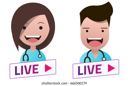 Live Stream white sign with Doctors avatar set. Emblem, logo, badge. Flat design. Template for citybanner, website, design, cover. White background. Illustration. Eps10.