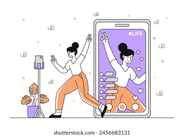 Live stream woman linear. Popular blogger and vlogger at social networks and videohosting. Talented girl create interesting content. Doodle flat vector illustration isolated on white background