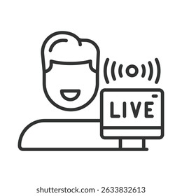Streamer ao vivo, ícone em design de linha. Streaming ao vivo, streaming, microfone, webcam, chat ao vivo, jogos, transmissão no vetor de fundo branco. Ícone de traçado editável do Live Stream