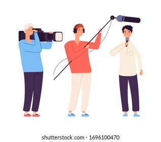 Live streamer. News, broadcaster journalist. TV show or interview shooting. Camera crew and man with microphone vector illustration