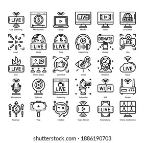 Live Streaming 30 Outline icons set. Icon design for UX, UI, web, app, brochure, flyer, presentation design, etc. vector and illustration.