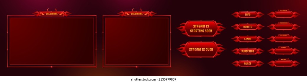 Fondo de streaming en vivo con ventanas y botones de reproductor multimedia en línea. Interfaz de usuario de color rojo con cuernos del diablo y decoración de llamas del fuego del infierno. Plantilla de vectores de transmisión de video blogging